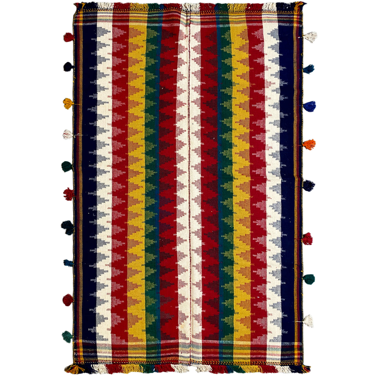 Jajim rug with multicolored stripes in blue, red, yellow, and green, with fringes