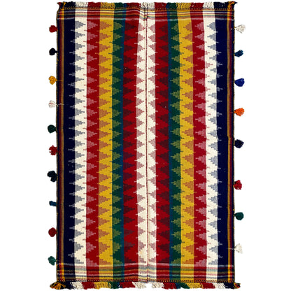 Jajim rug with multicolored stripes in blue, red, yellow, and green, with fringes