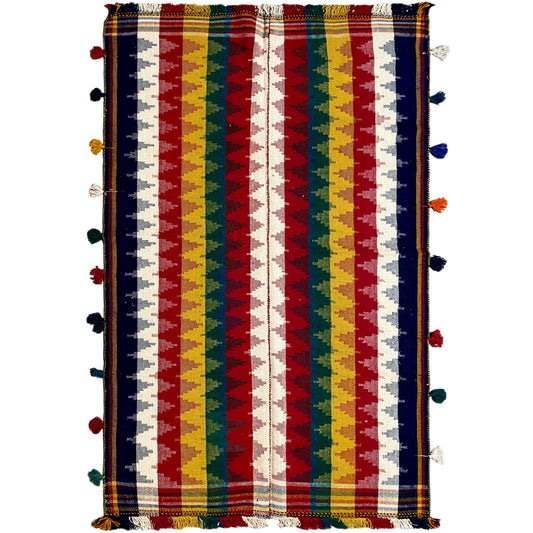 Jajim rug with multicolored stripes in blue, red, yellow, and green, with fringes