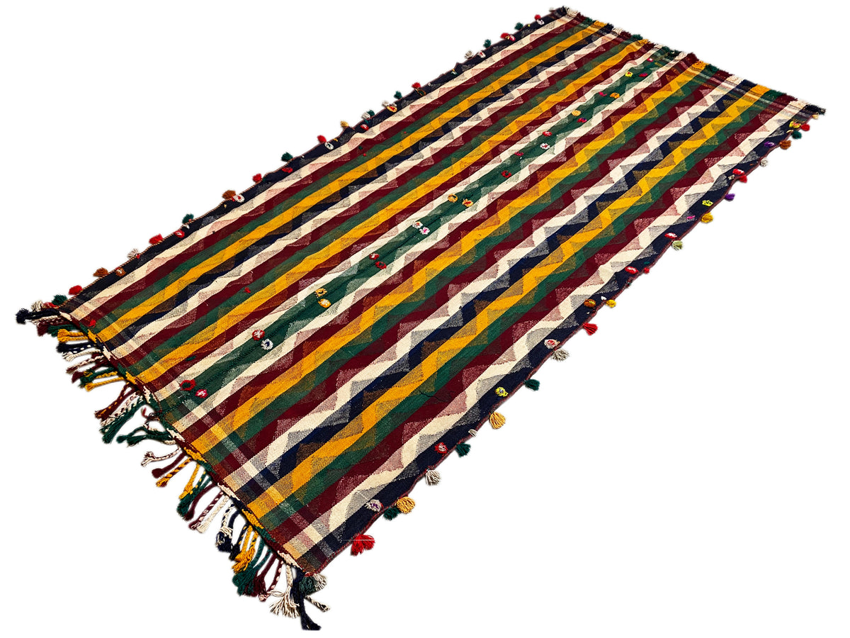 Jajim rug in colorful stripes with fringes and small colorful tassels