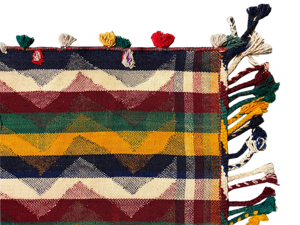Jajim rug detail with checked color bands and tassel fringe along the edge