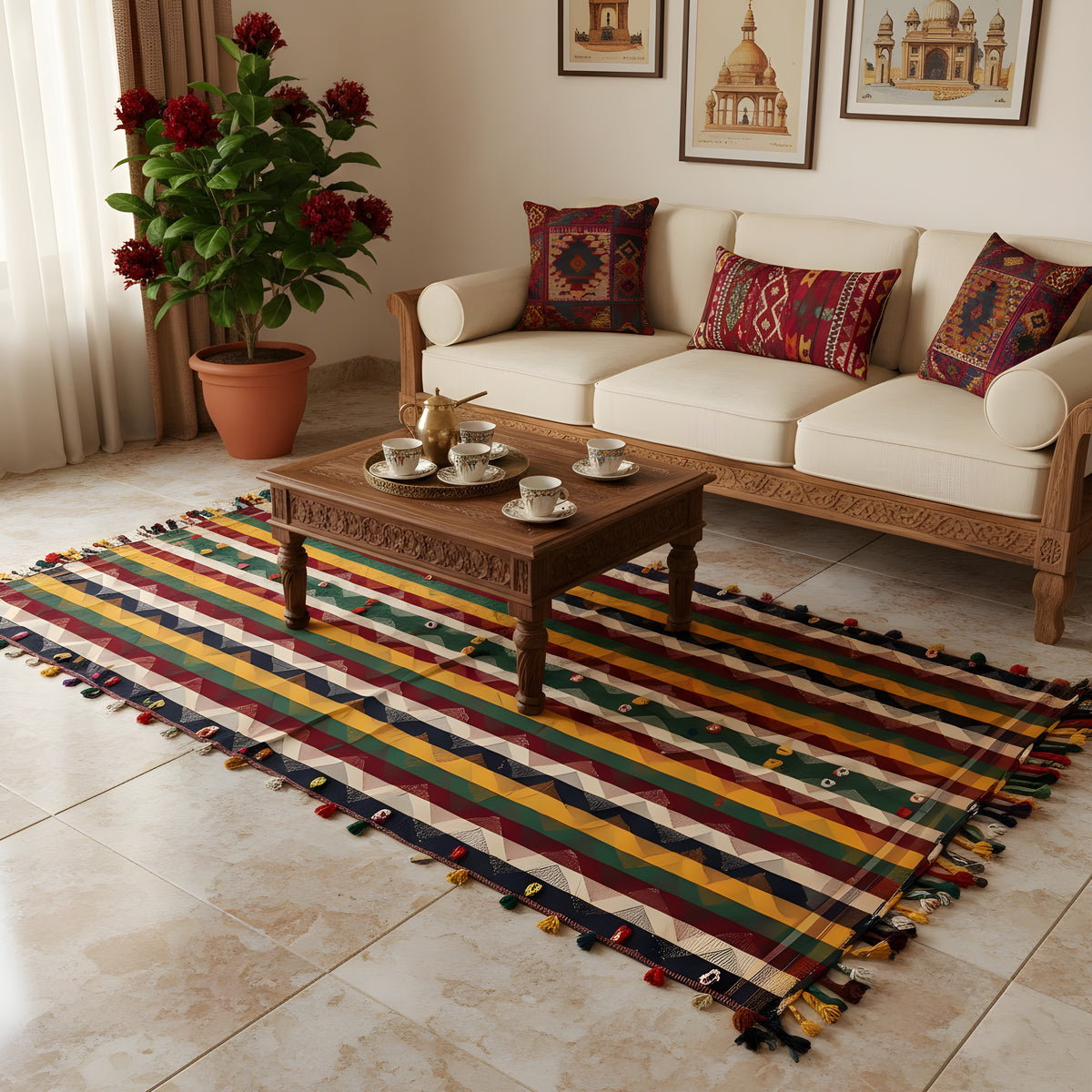 Colorful jajim rug with multicolored stripes and tassel fringe all around
