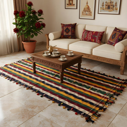 Colorful jajim rug with multicolored stripes and tassel fringe all around
