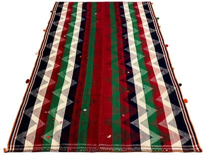Jajim rug with a striped pattern in red, green, cream, and dark blue