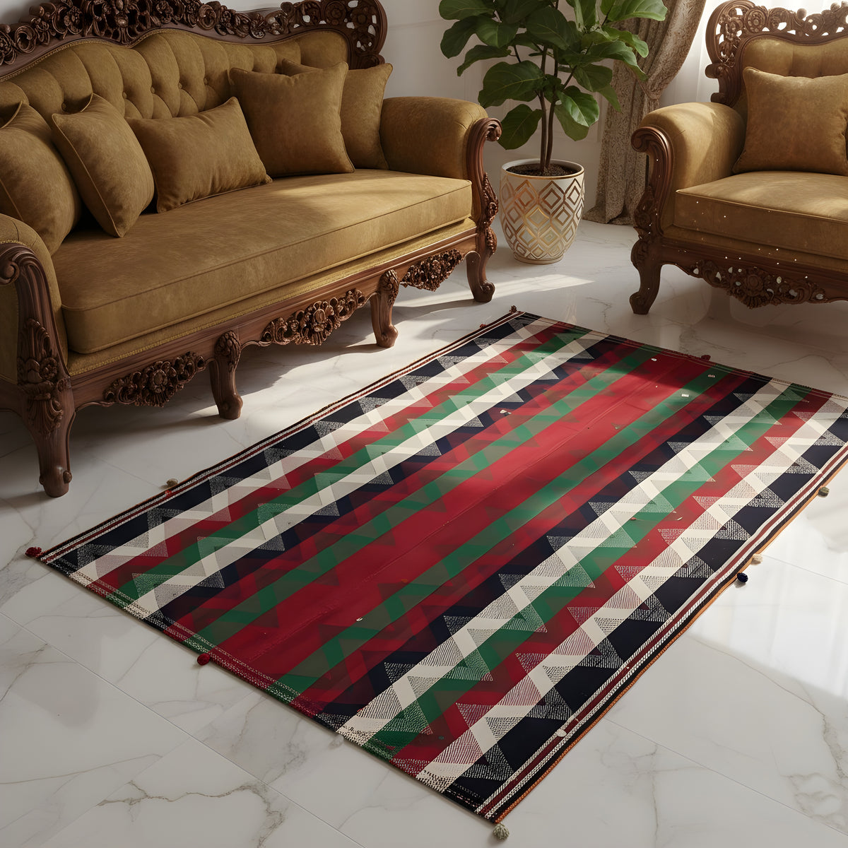 Rectangular jajim rug on tiled floor in front of a sofa, colorful striped pattern in red and green