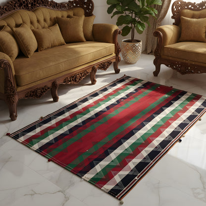 Rectangular jajim rug on tiled floor in front of a sofa, colorful striped pattern in red and green