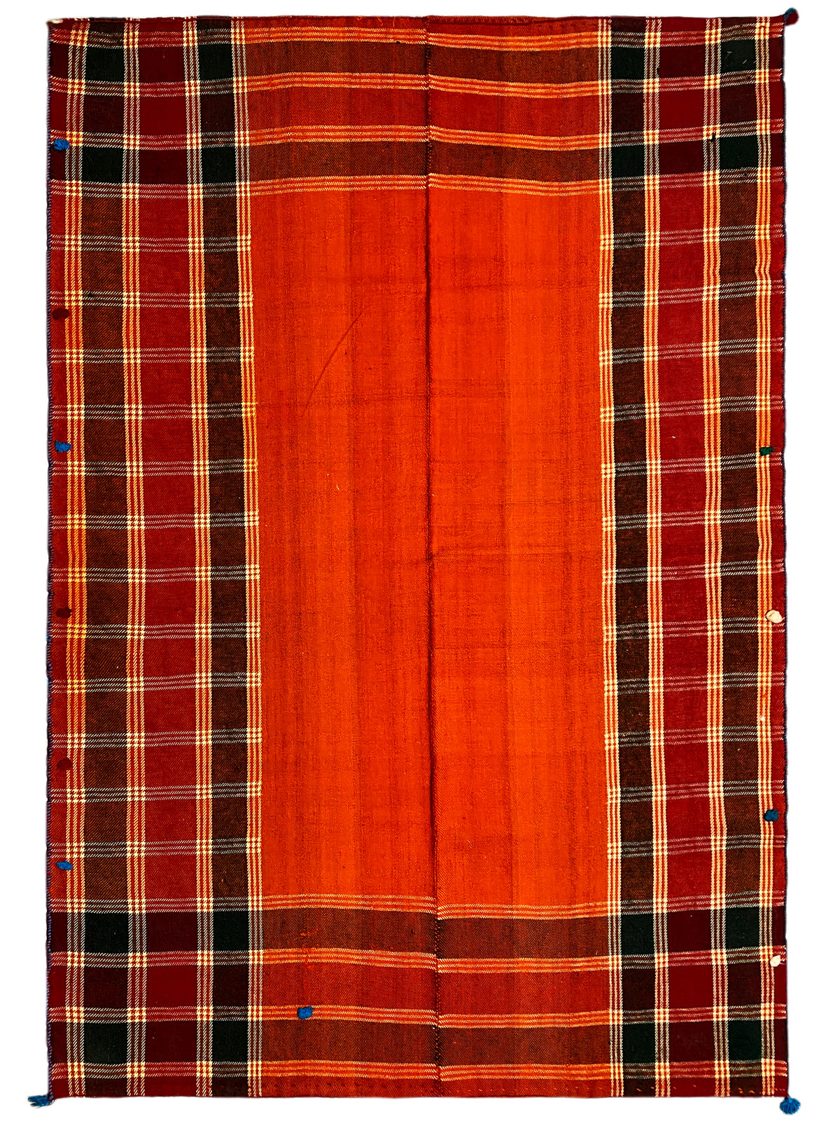 Rectangular Jajim rug: red-orange checkered pattern on a dark background with white/yellow lines