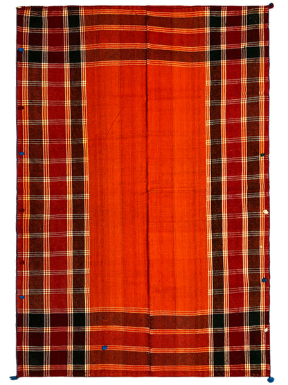 Rectangular Jajim rug: red-orange checkered pattern on a dark background with white/yellow lines