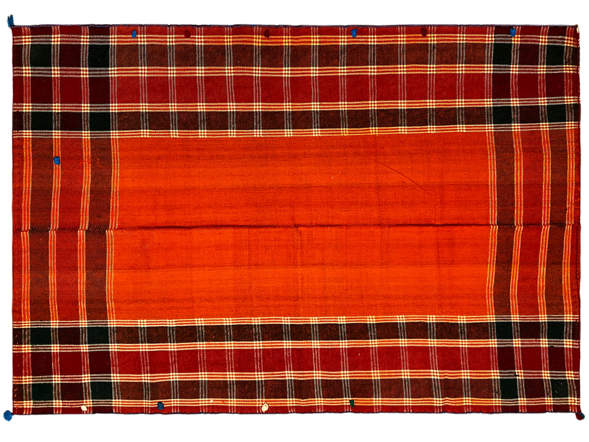 Jajim rug, top view: wide red-orange central stripe with a diamond-patterned border