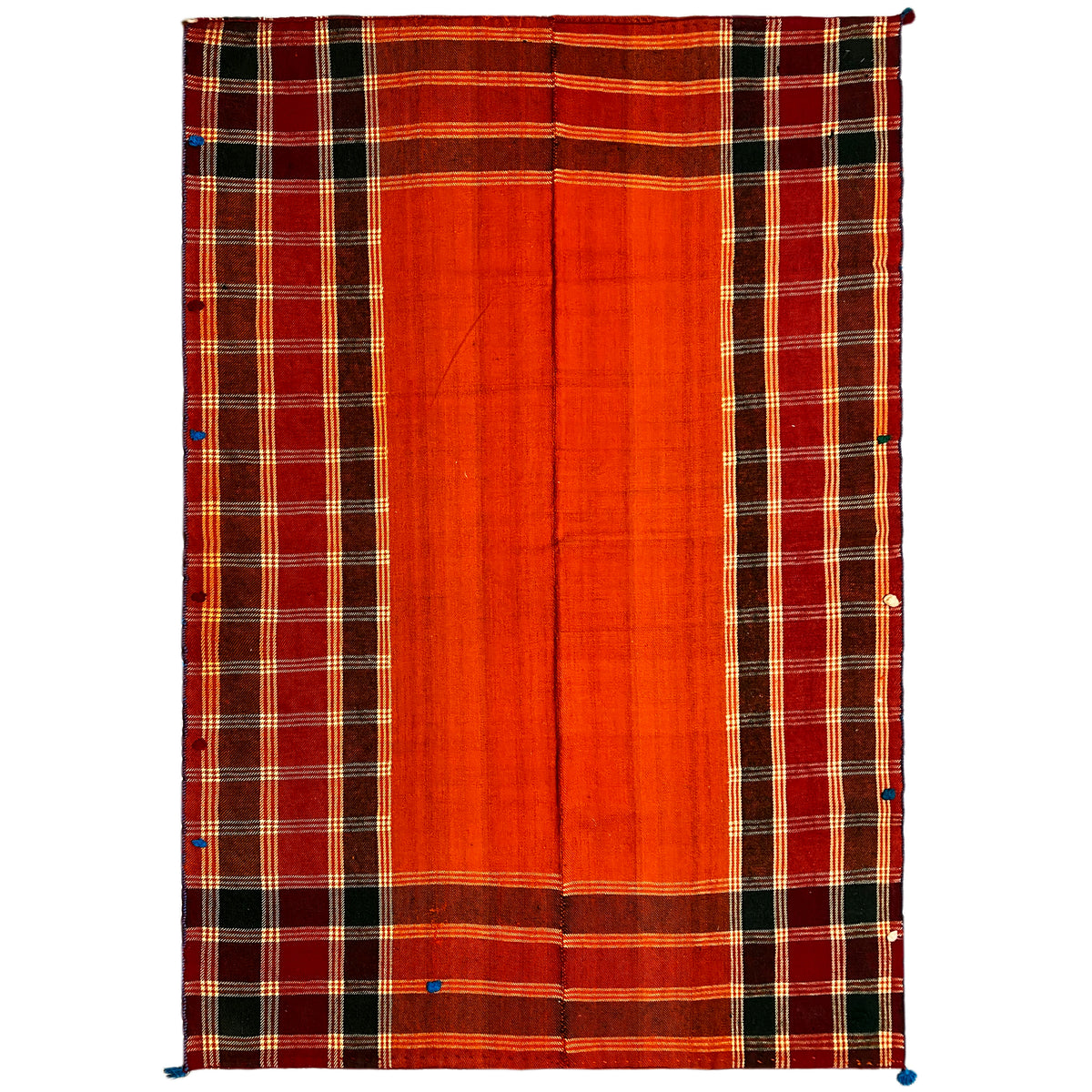 Jajim rug in red-orange with black checks and yellow-white lines, corners with blue tassels