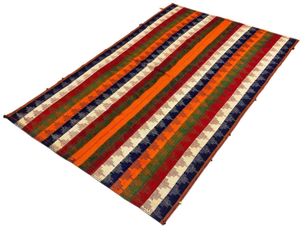 Colorful striped rug at a three-quarter angle; orange, blue, green, red, and beige stripes