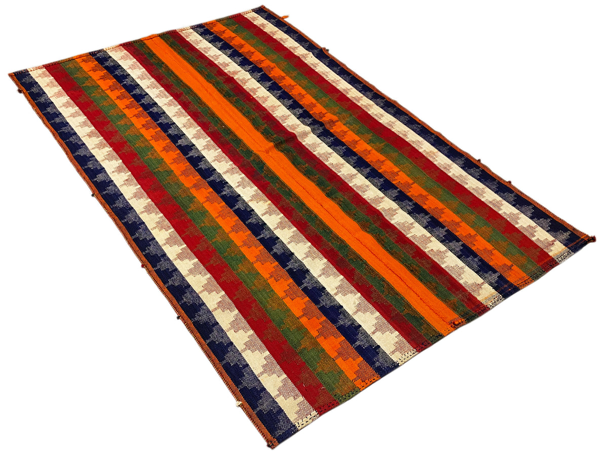 Rug with wide horizontal and vertical stripes in orange, green, blue, red, and beige