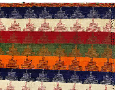Close-up of a carpet: colored striped bands with a pattern of checkered/grid elements