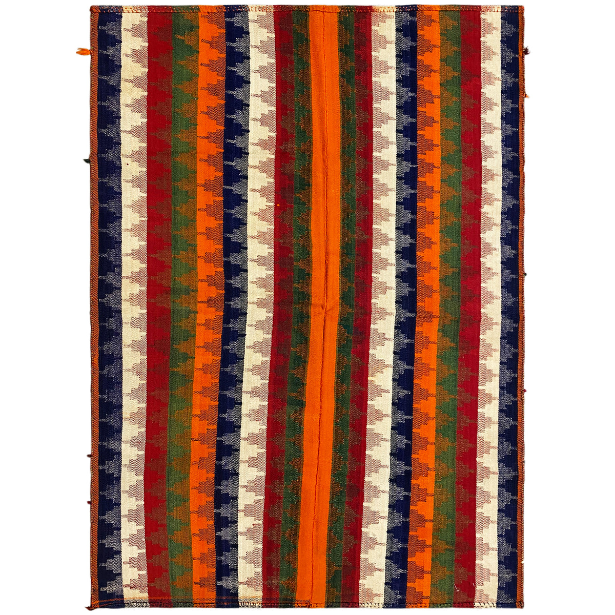 Rectangular rug with vertical stripes in orange, green, blue, red, and beige