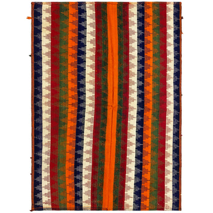 Rectangular rug with vertical stripes in orange, green, blue, red, and beige