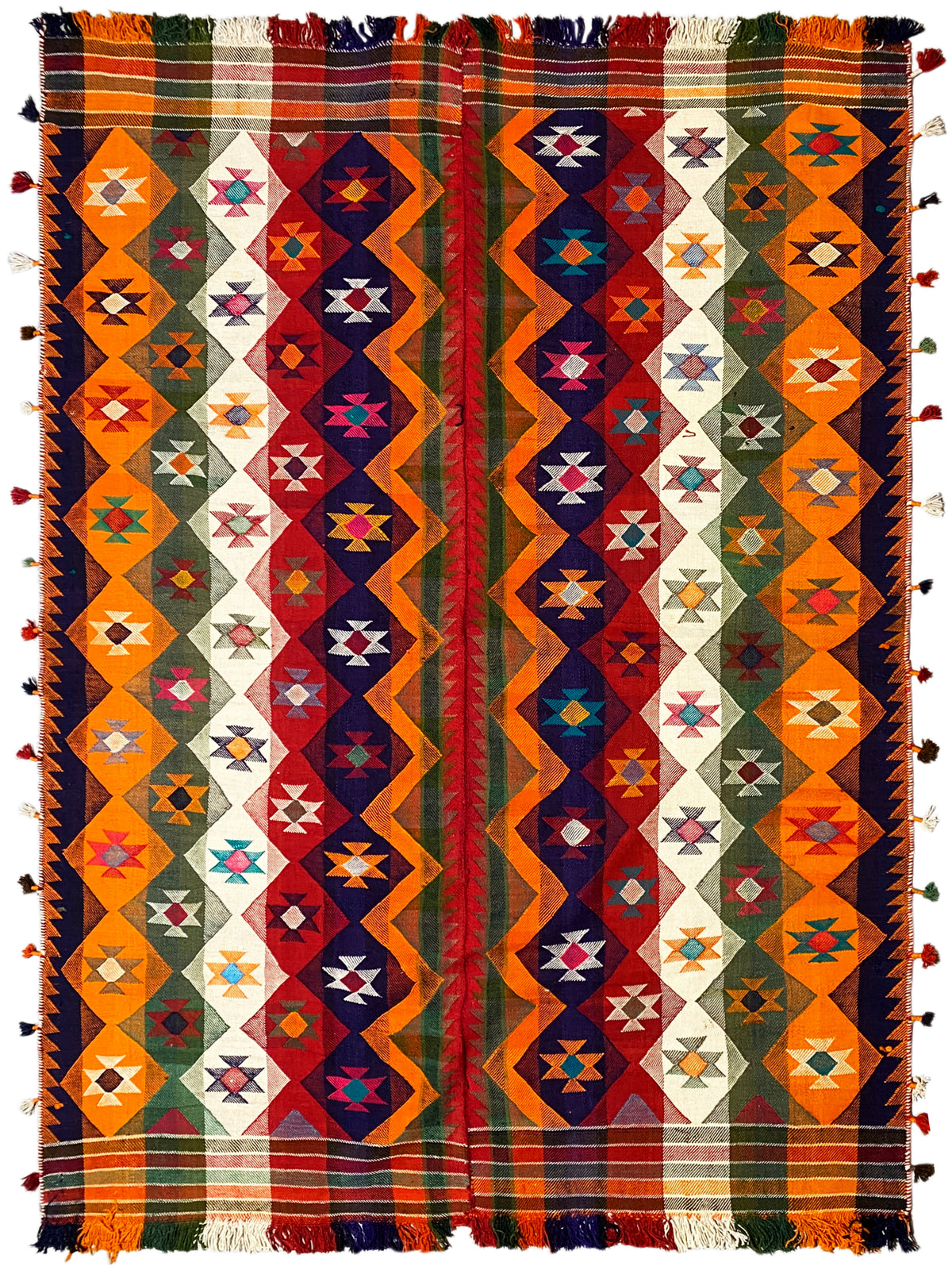 Jajim rug with geometric patchwork, in orange, blue and green, with fringes