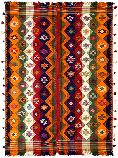 Jajim rug with geometric patchwork, in orange, blue and green, with fringes