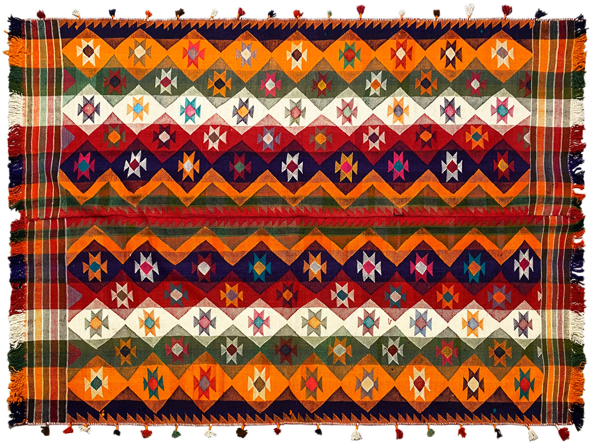 Jajim rug with a striped design, geometric patterns, fringes, multicolored