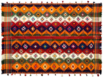 Jajim rug with a striped design, geometric patterns, fringes, multicolored