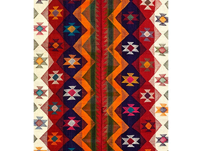Jajim rug detail: red, blue, and orange geometric shapes on a light background