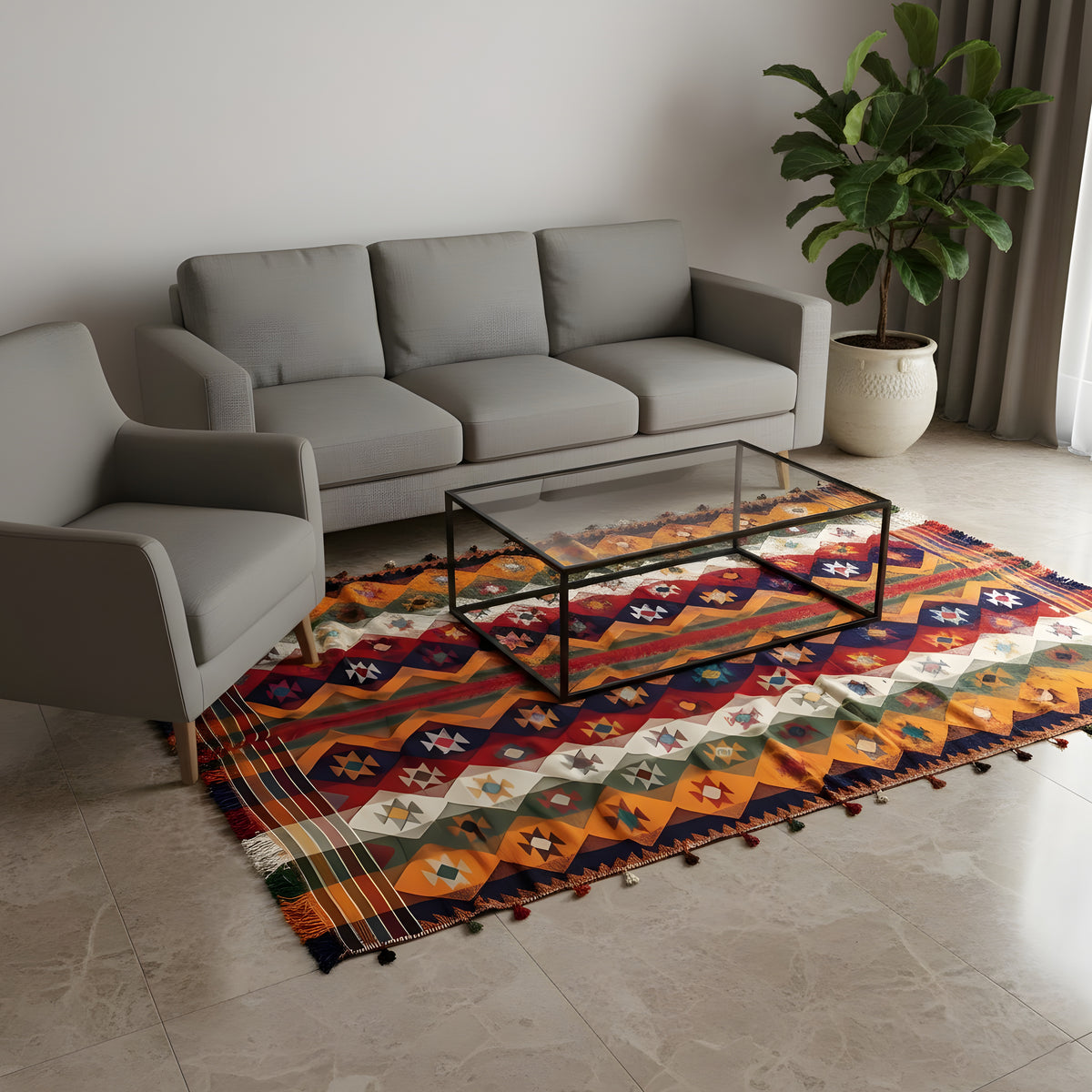 Jajim rug on the floor, colorful patchwork look with fringes, 240x164 cm
