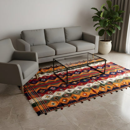 Jajim rug on the floor, colorful patchwork look with fringes, 240x164 cm