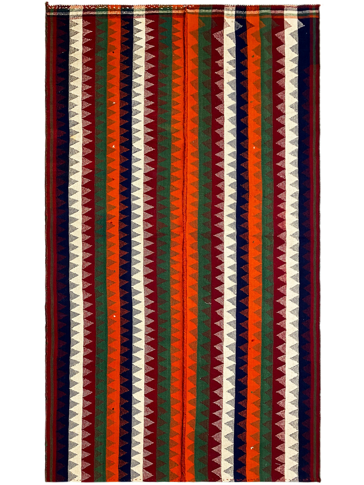 Rectangular jajim rug with zigzag and striped patterns in green, red, blue, and cream tones