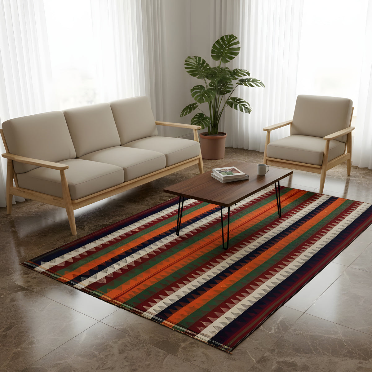 Jajim rug with a multicolored zigzag and striped pattern, rectangular on a light background