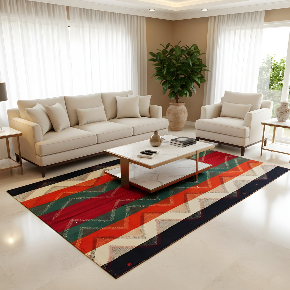 Rug in a living room with a colorful zigzag pattern in red, green, orange, and dark blue