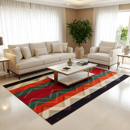Rug in a living room with a colorful zigzag pattern in red, green, orange, and dark blue