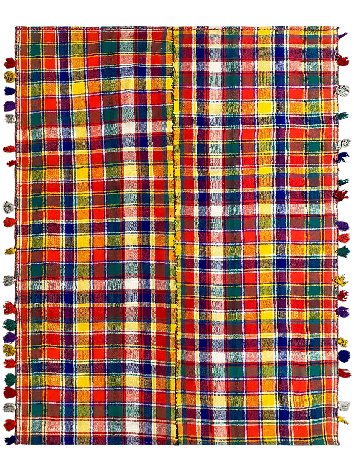 Jajim rug with a checked pattern and multicolored fringes along the edges