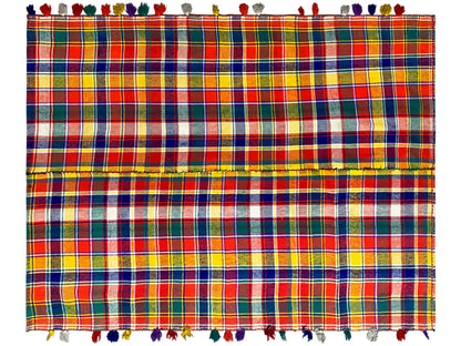 Jajim rug close-up: colorful plaid pattern, visible fringes along the edges