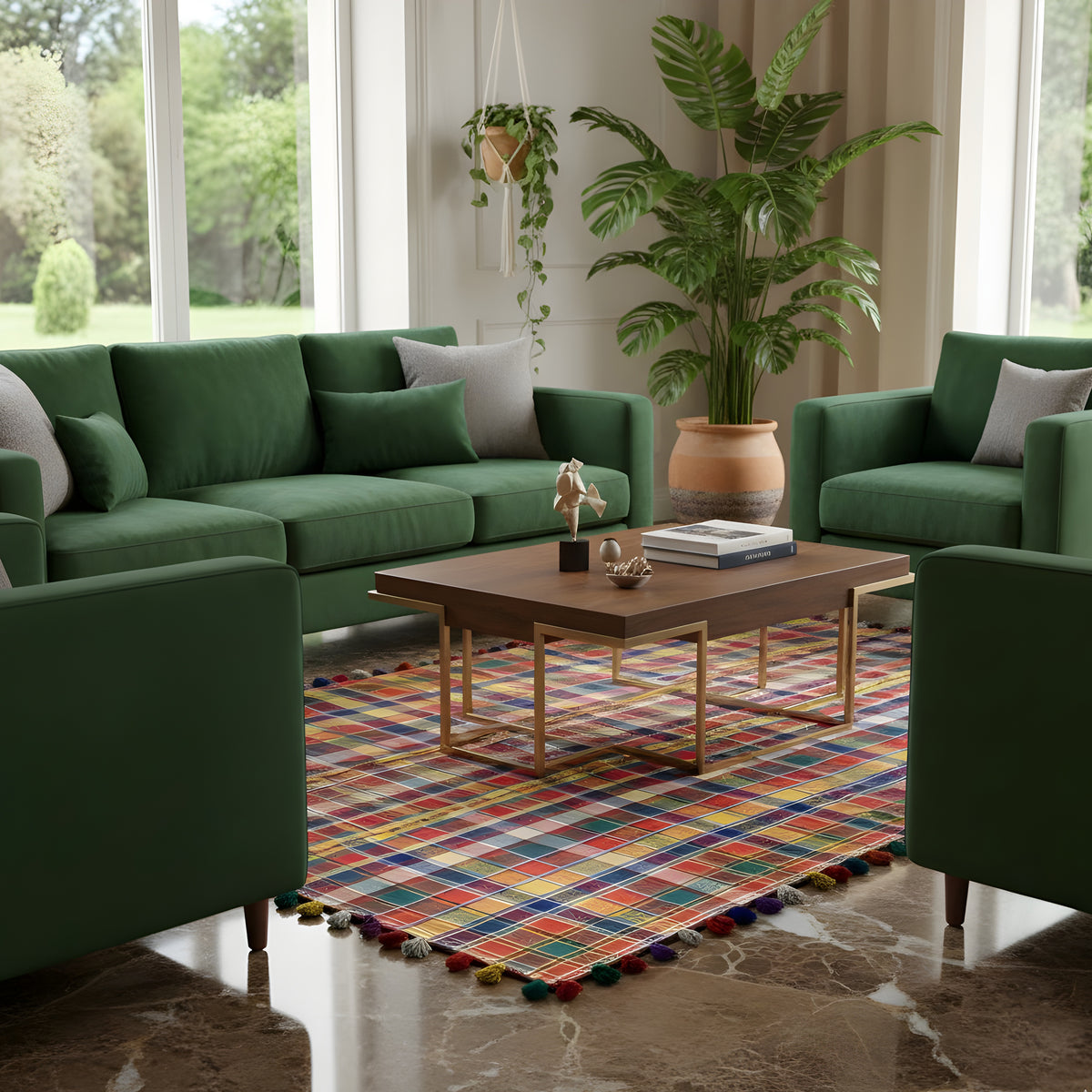 Jajim rug under furniture, colorful plaid with fringes