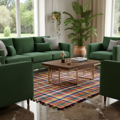 Jajim rug under furniture, colorful plaid with fringes