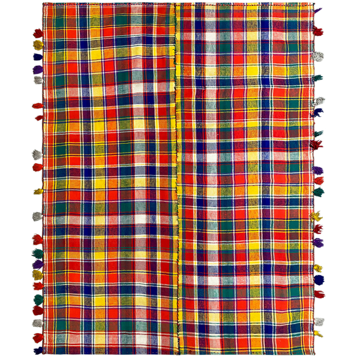 Jajim rug with a colorful checked pattern and multicolored fringes