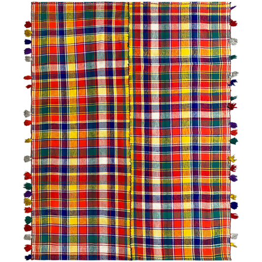 Jajim rug with a colorful checked pattern and multicolored fringes