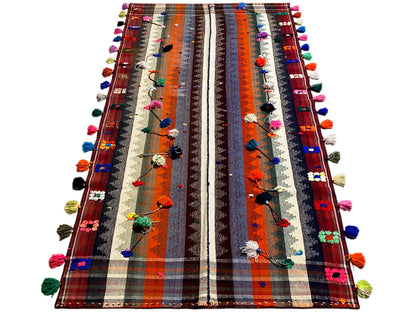 Colorful Jajim rug with vertical stripes, floral appliqués and tassels