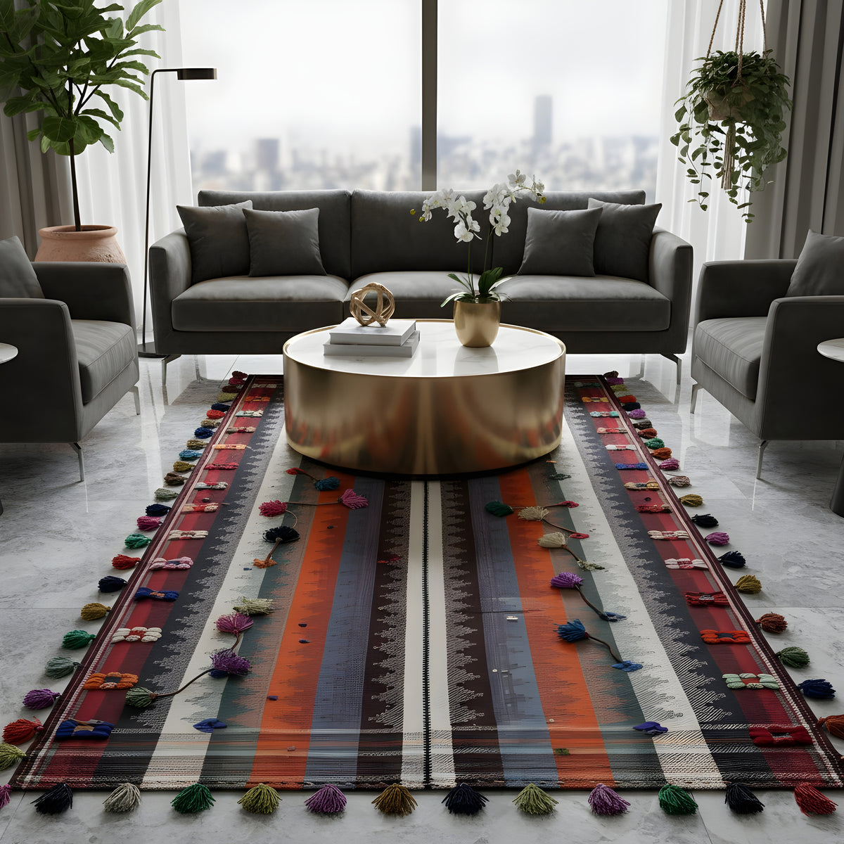 Striped rug with colorful tassels and floral accents for the floor area