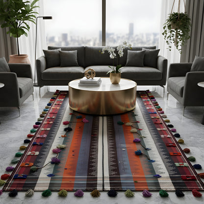 Striped rug with colorful tassels and floral accents for the floor area