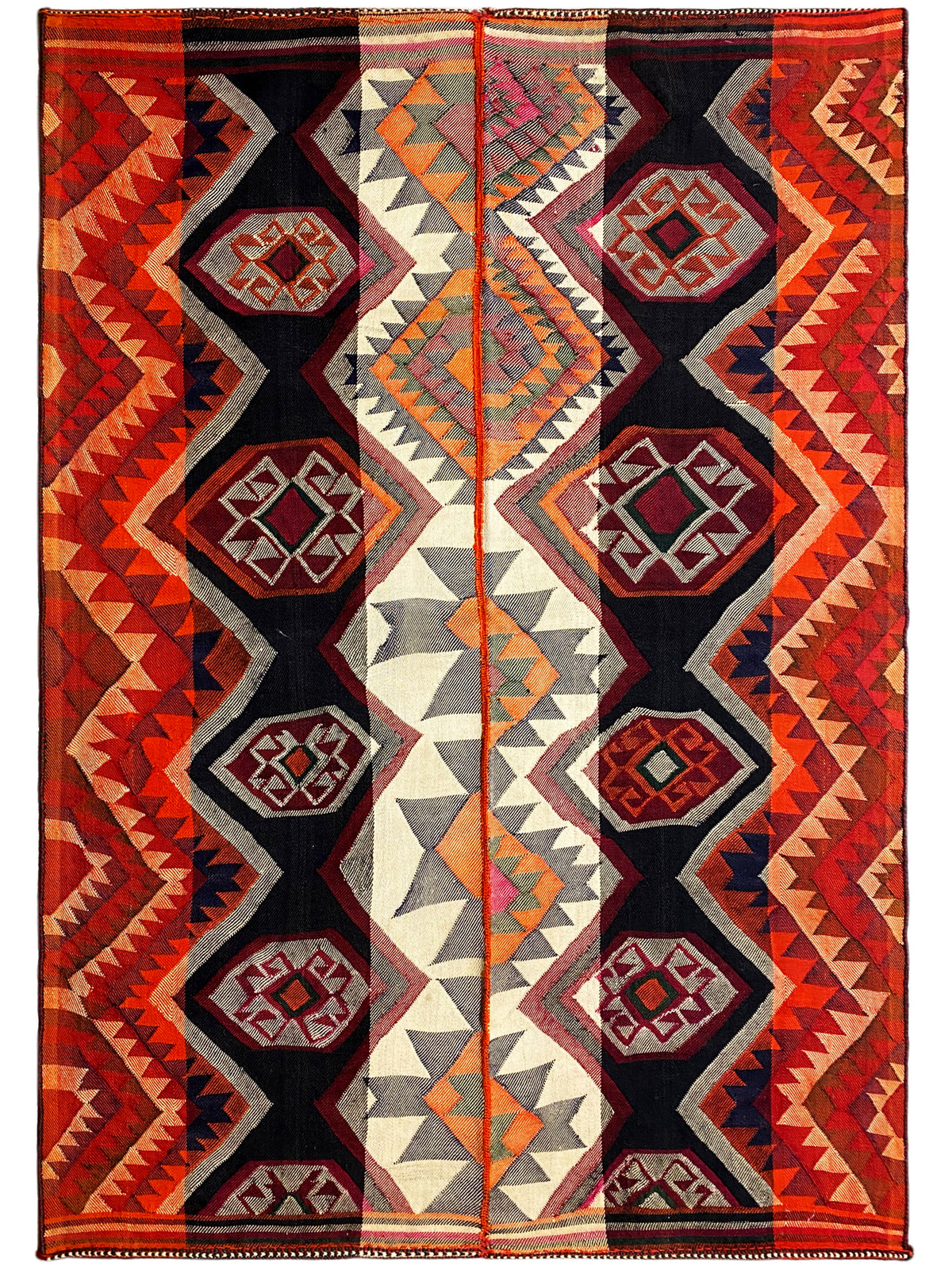 Jajim rug with an all-over look: geometric pattern in red, dark gray, cream, and green