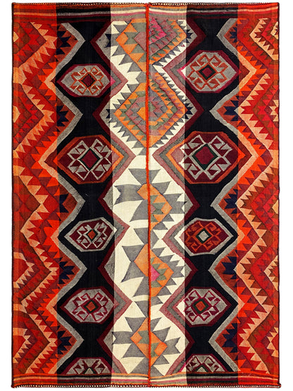 Jajim rug with an all-over look: geometric pattern in red, dark gray, cream, and green