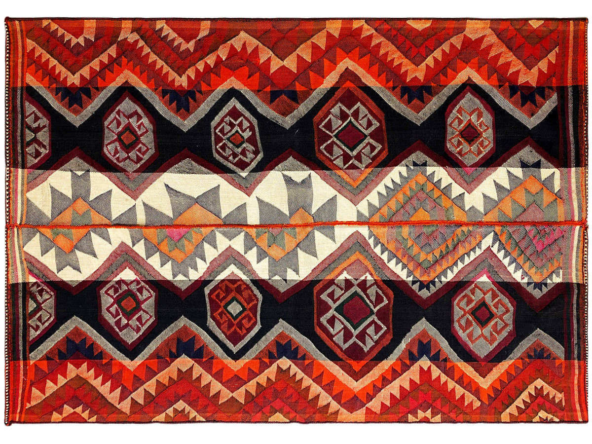 Jajim rug with wide patterned bands and zigzag lines in red, black, and cream