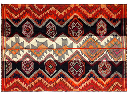 Jajim rug with wide patterned bands and zigzag lines in red, black, and cream