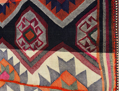 Jajim rug detail: diamond pattern and zigzag border in red, black and cream
