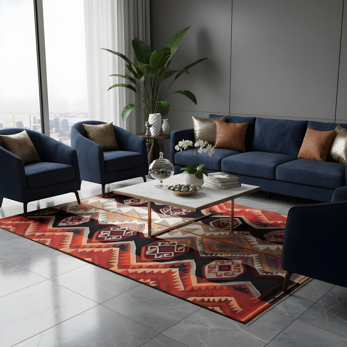 Rectangular jajim rug with a geometric pattern in red, black, and cream in the room