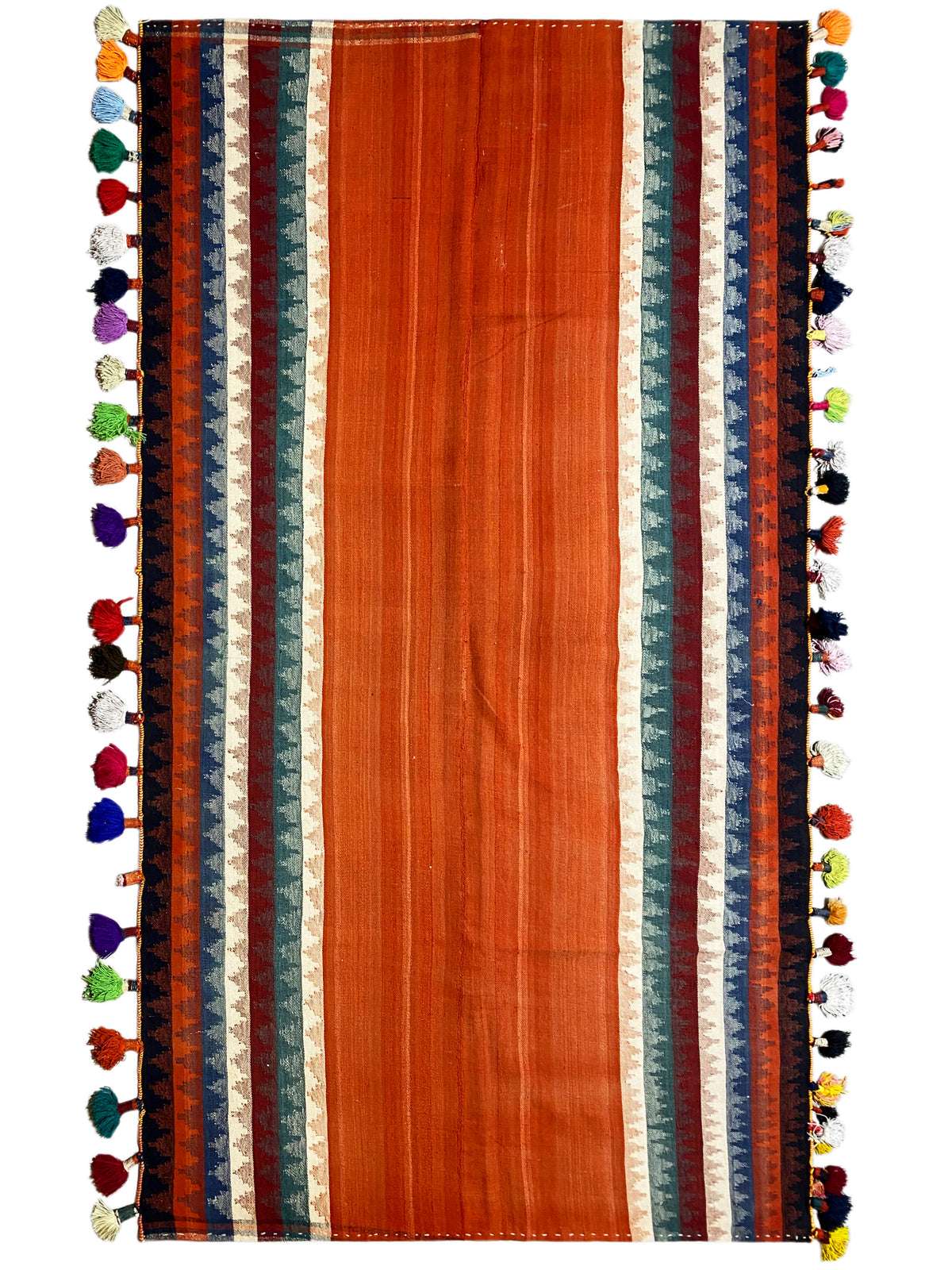 Jajim rug, rectangular, terracotta with a striped pattern and colorful tassels on the sides