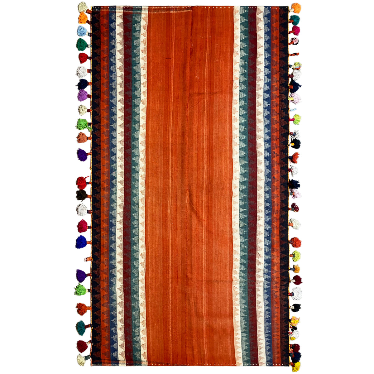 Jajim rug in terracotta with multicolored borders and colorful tassels along the edges