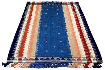 Rectangular rug with a blue center, red-and-white striped sections, and fringes.