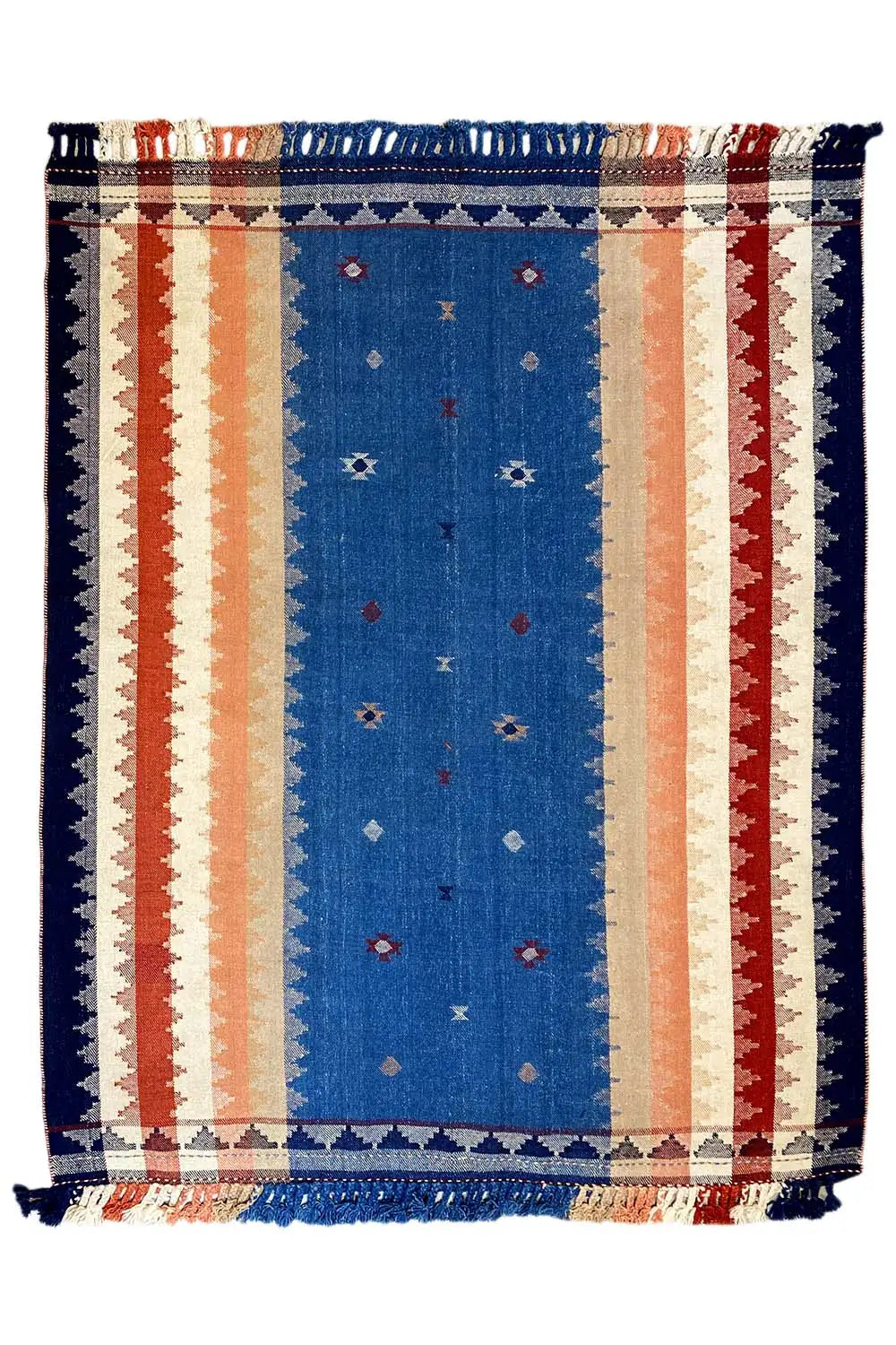 Blue rug with stripes, decorative border, and fringe; rectangular, geometric pattern.