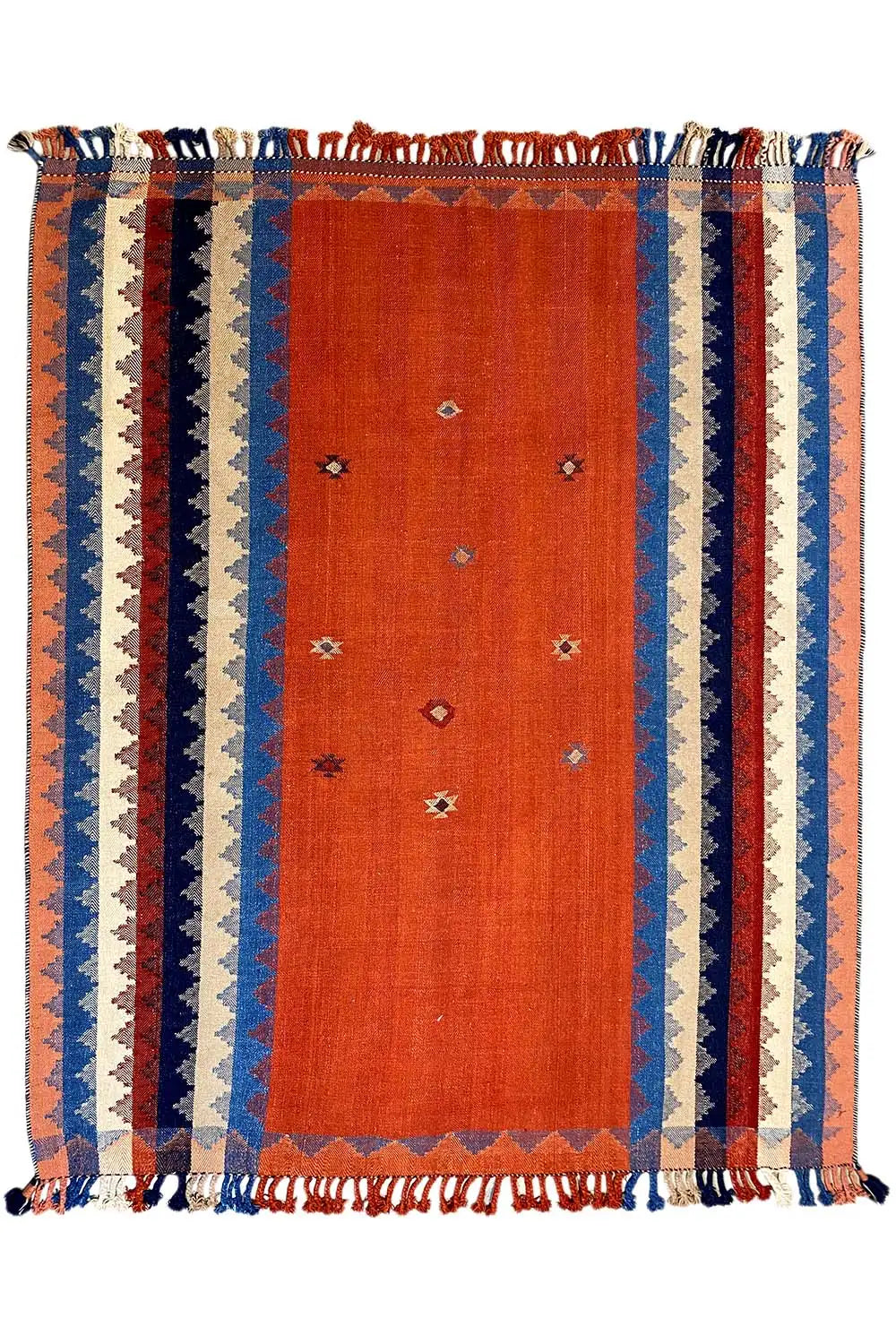 Rug with an orange center stripe, blue lines, and multicolored fringes